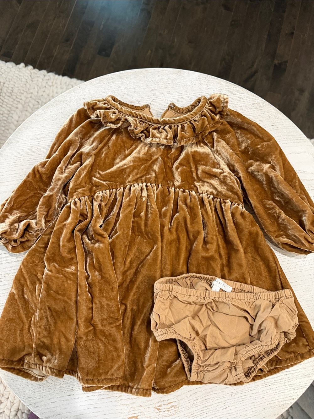 Nora Lee Velvet Ruffle Baby Dress with Bloomers - Caramel Brown